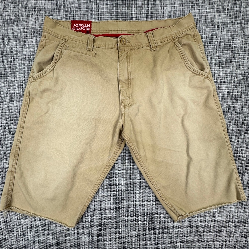 Jordan Craig Mens Chino Shorts 36 Tan Cotton Cutoff Raw Hem Flat Front Longline